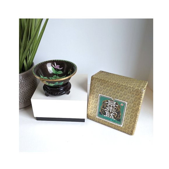 Mid Century Chinese Zi Jin Cheng Cloisonne Bowl with Brass Rims Stand & Box - Picture 6 of 9